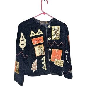 Julia Kim Button Up Jacket Embroidered Artsy Patchwork Black Petites Sz PM